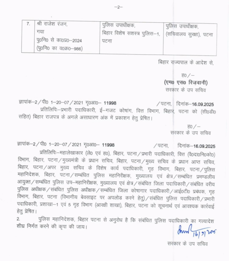 दुर्गा पूजा से पहले बिहार सरकार ने सात डीएसपी का किया तबादला
