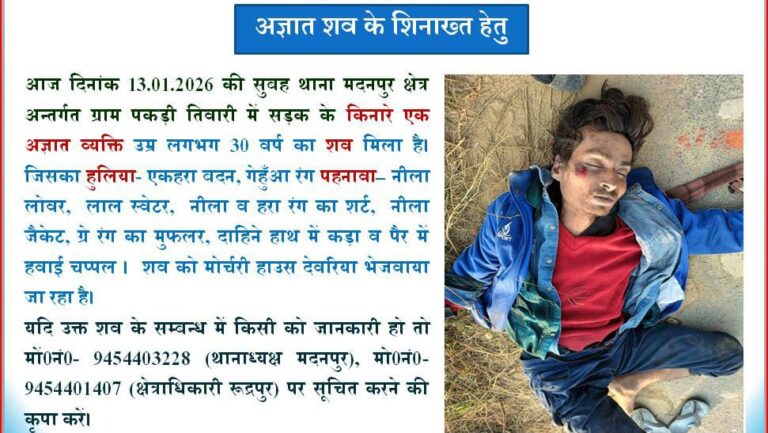 सड़क किनारे अज्ञात युवक का शव मिलने से मचा हड़कंप, पुलिस जांच में जुटी