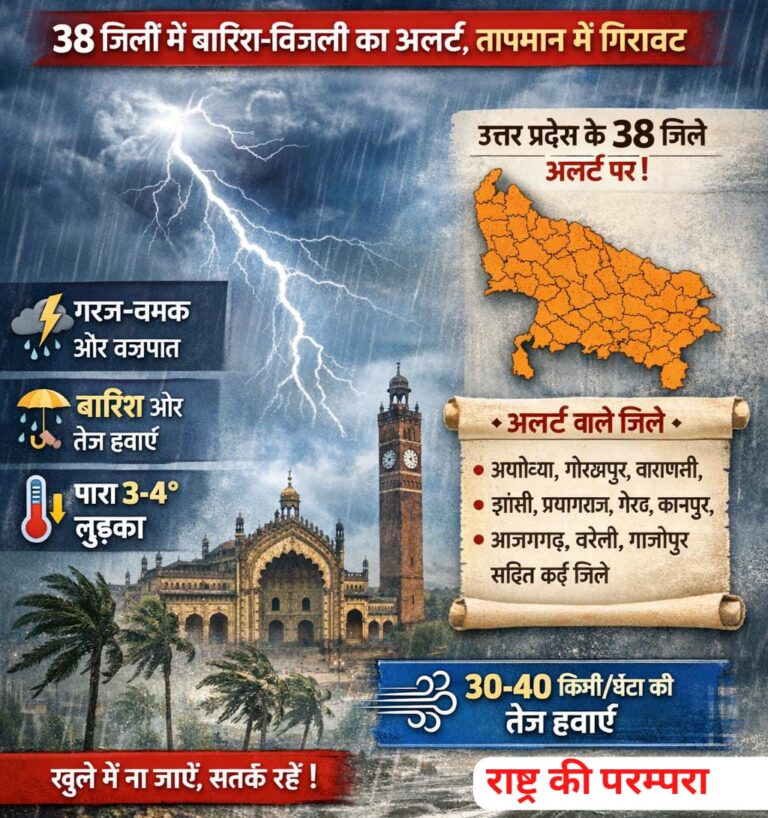 UP Weather Alert: 38 जिलों में बारिश-बिजली का अलर्ट, तापमान में 4°C तक गिरावट