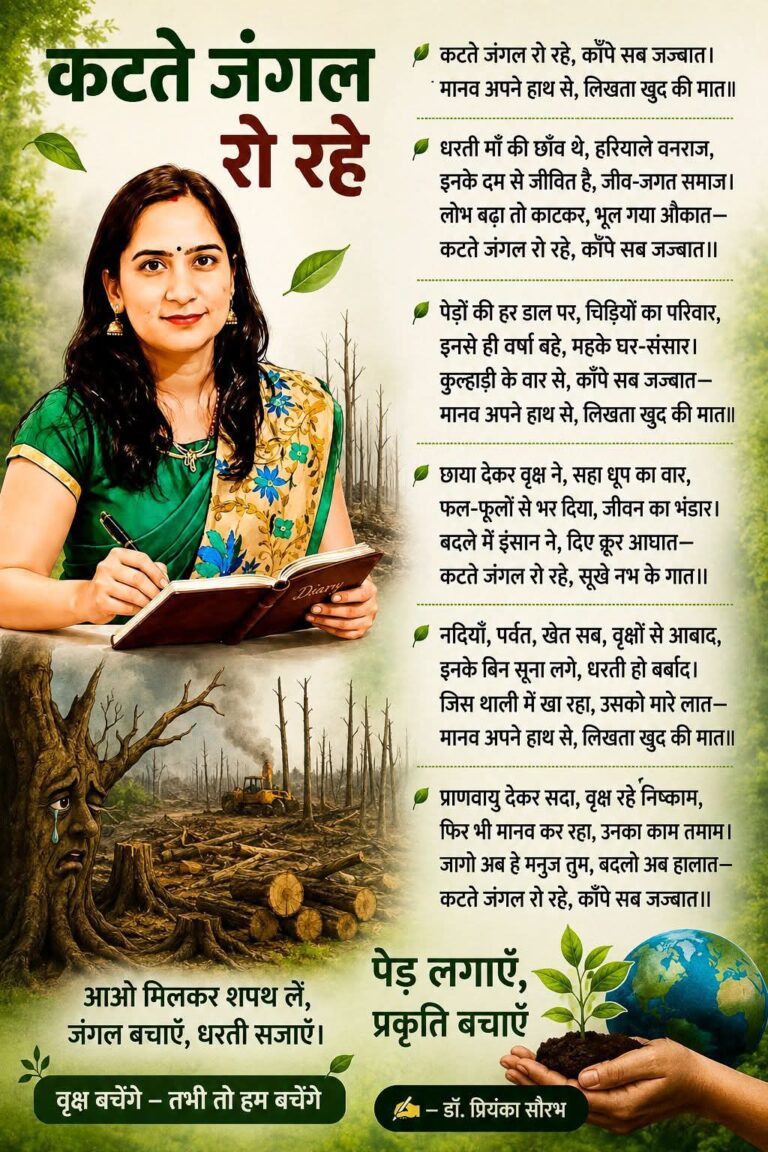 कटते जंगल रो रहे, काँपे सब जज़्बात।मानव अपने हाथ से, लिखता खुद की मात॥